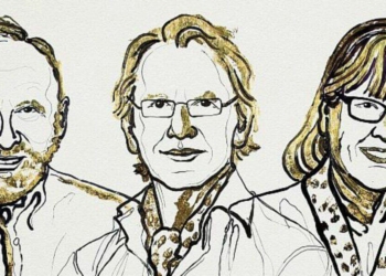 Da sinistra: Arthur Ashkin, Gérard Mourou, Donna Strickland (Ilustrazione di Niklas Elmehed. Copyright Nobel Media AB 2018)