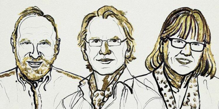 Da sinistra: Arthur Ashkin, Gérard Mourou, Donna Strickland (Ilustrazione di Niklas Elmehed. Copyright Nobel Media AB 2018)