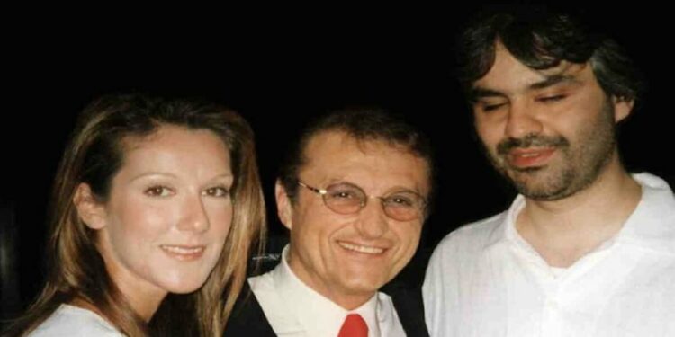 Tony Renis con Andrea Bocelli e Celine Dion (Wikipedia)