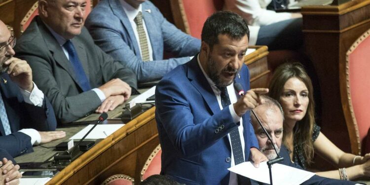 Matteo Salvini ieri in Senato (LaPresse)