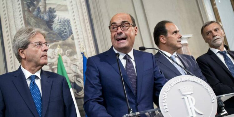 Delegazione Pd al Colle: P. Gentiloni, N. Zingaretti, A. Marcucci e G. Delrio (LaPresse)