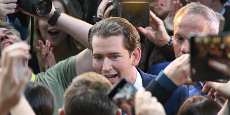 Sebastian Kurz (al centro) dopo la vittoria (LaPresse)