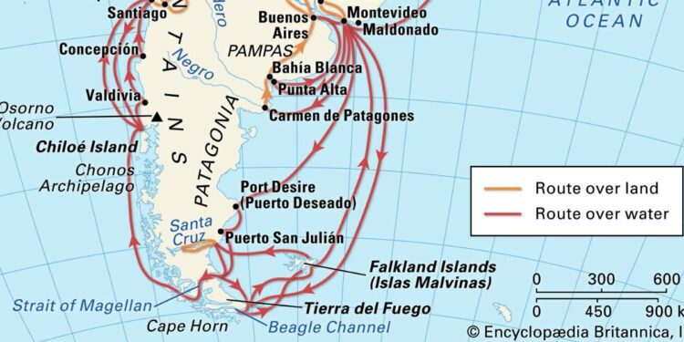 Il viaggio di Darwin e del "Beagle" in America meridionale (Foto: Enciclopedia Britannica)