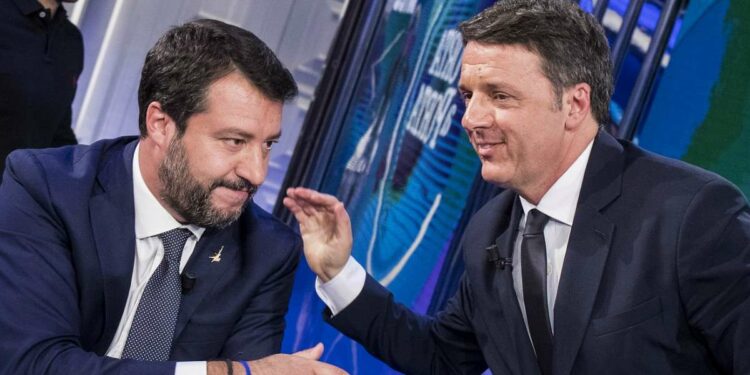 Matteo Salvini e Matteo Renzi negli studi di Porta a Porta (LaPresse)