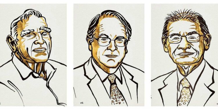 Da sinistra: John B. Goodenough, Stanley M. Whittingham e Akira Yoshino (Illustrazione di Niklas Elmehed. Copyright Nobel Media)