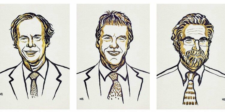 Da sinistra: William G. Kaelin Jr, Sir Peter J. Ratcliffe, Gregg L. Semenza (Illustrazione di Niklas Elmehed. Copyright Nobel Media)