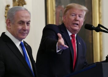 President Donald Trump speaks during an event with Israeli Prime Minister Benjamin Netanyahu in the East Room of the White House in Washington, Tuesday, Jan. 28, 2020. (AP Photo/Susan Walsh)