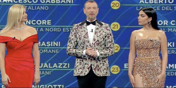 Amadeus con Alketa Vejsiu e Georgina Rodriguez a Sanremo 2020