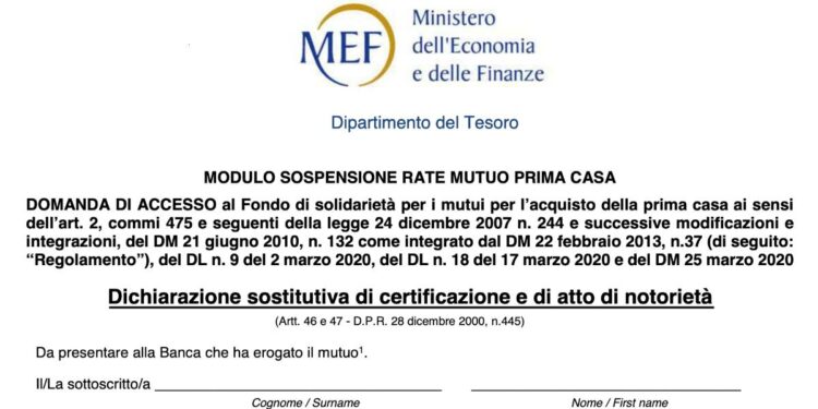 Modulo per sospensione rate mutuo (Mef)