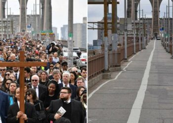 La Via Crucis nel 2019 e il medesimo punto il Venerdì Santo di quest'anno (Foto New York Post)