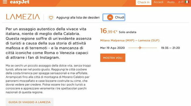 Pubblicità Easyjet sulla Calabria