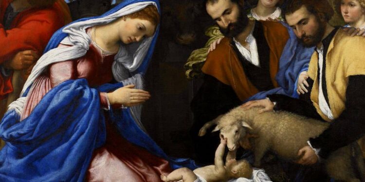 Lorenzo Lotto, Adorazione dei pastori (1534), particolare