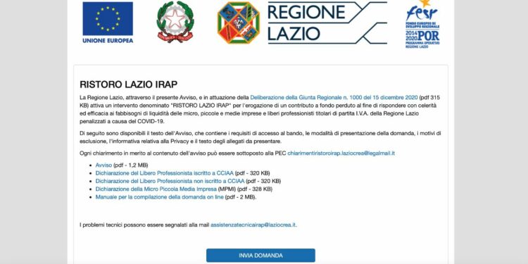 Ristoro Lazio Irap, bando online