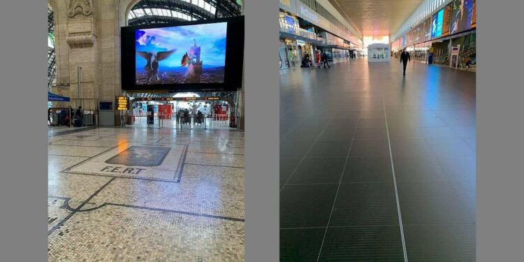 Stazione Centrale di Milano (a sinistra) e Stazione Termini a Roma in tempo di pandemia