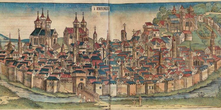 La città di Erfurt in una raffigurazione del 1493 (da Wikipedia)