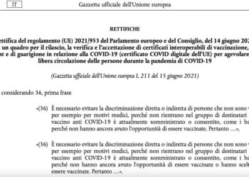 Rettifica Ue al regolamento su certificato digitale Covid