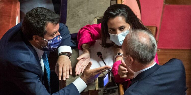 Matteo Salvini (Lega), Licia Ronzulli (FI) e Andrea Ostellari (Lega) relatore del ddl Zan, al Senato (LaPresse)