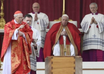 Papa Francesco durante le esequie di Benedetto XVI (LaPresse)