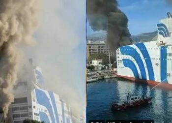 La nave in fiamme a Palermo (Twitter)