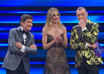 Francesca Fagnani, Amadeus e Gianni Morandi a Sanremo 2023