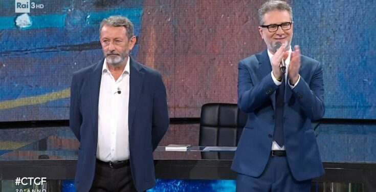 Fabio Fazio e Michele Serra durante l'ultima puntata di Che Tempo Che Fa